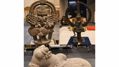 Ancient Indian antiquities, including a granite Nandi sculpture, a bronze Trident featuring Bhadrakali, and a basalt sculpture of six-headed Skanda, set to be repatriated from Australia to India as part of a landmark cultural heritage initiative. (Photo/ANI)