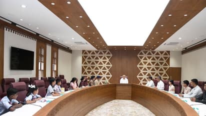 Gujarat CM Bhupendra Patel interacts with students from schools in Gandhinagar who visited his residence on the occasion of Teachers' Day (Photo: Gujarat CMO)