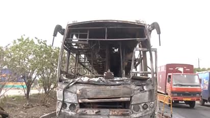Bus caught fire after tyre burst in Indore (Photo/ANI)