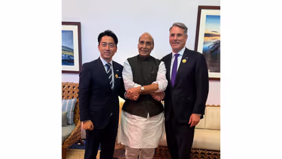 Defence Minister Rajnath Singh (middle) with Japanese Defense minister Shinjirō Koizumi, (left), and Australian Defence Minister Richard Marles (Photo/X@rajnathsingh)