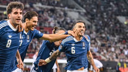 Greece football team's players celebrating a goal against Germany in UEFA Nations League. (Photo: X/ @UEFAEURO)