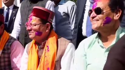 Uttarakhand CM Dhami attends Holi Milan celebration at state BJP office(Photo/ANI)