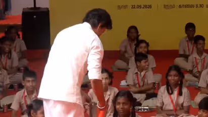 Tamil Nadu Chief Minister C Joseph Vijay distributes breakfast to schoolchildren during the launch of the expanded Perunthalaivar Kamarajar Free Breakfast Scheme at Government Middle School in Gandhi Gramam, Thiruvanmiyur, Chennai. (Photo: ANI)