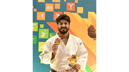 Judoka Ritik Sharma after winning gold medal at Khelo India University Games 2025 (Image: SAI media)