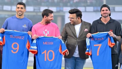Jay Shah with Lionel Messi, Luis Suarez, and Rodrigo De Paul. (Photo: X/BCCI)