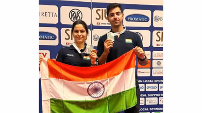 Manu Bhaker (left) and Samrat Rana (right)