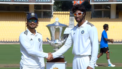 East Zone captain Ishan Kishan (L) with South Zone captain Tilak Varma on Day 1 of Duleep Trophy final (Photo: X/ @BCCIdomestic)