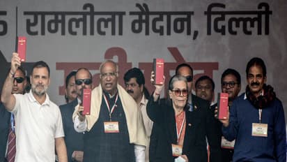 Congress Parliamentary Party Chairperson Sonia Gandhi, party President Mallikarjun Kharge, Lok Sabha LoP Rahul Gandhi and party General Secretary KC Venugopal (Photo/ANI)