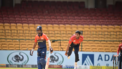 Dhanush Gowda bowling (Photo: Maharaja Trophy KSCA T20)