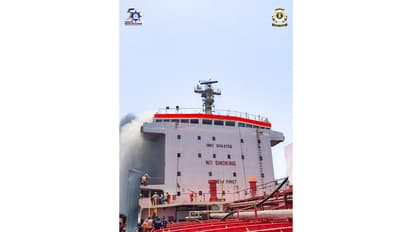 Visual showing the merchant vessel MT Marivex engulfed in fire off the coast of Oman (Photo: x/@IndiaCoastGuard)