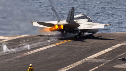 Navy fighter jets launching from the aircraft carrier USS Abraham Lincoln (CVN 72) (Photo/X@CENTCOM)