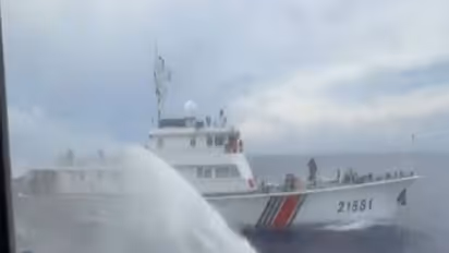 China Coast Guard using water cannons against Philippine vessels (Photo/X@jaytaryela)