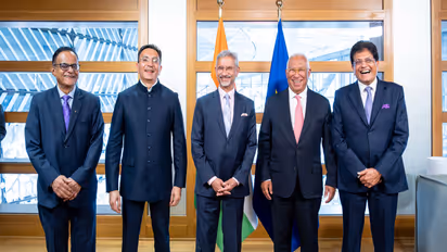 External Affairs Minister S Jaishankar, Union Commerce and Industry Minister Piyush Goyal, Minister of State (MoS) in the Ministry of Electronics and Information Technology (MeitY) Jitin Prasada, and Principal Scientific Advisor Prof Ajay K Sood with European Council President Antonio Costa during their meeting in Brussels, Belgium. (Photo: X/@DrSJaishankar)