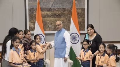 Vice President C.P. Radhakrishnan celebrates Raksha Bandhan with school children (Photo/X/@VPIndia)