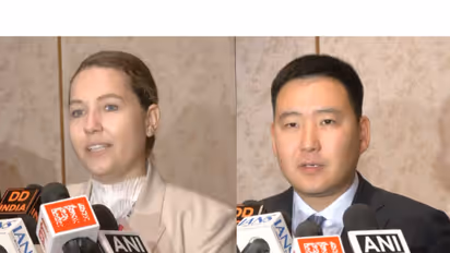 Zlata Antusheva, Lead of GR and Finance Sector, Ministry of Trade Representation of Russia, and Sanal Kodzhaev, Deputy Chairman of the Government of Kalmykia, Russia, at Bharat Tex 2026. (Photo/ANI)