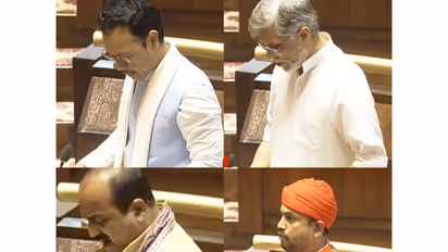 Newly elected members of the Rajya Sabha from various political parties taking their oaths on the first day of the Monsoon Session of Parliament (Photo/Sansad TV)