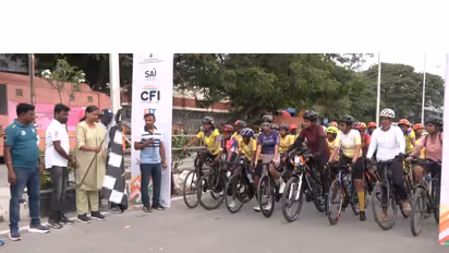 Cyclists during the Asmita Khelo India Cycling League in Chennai. (Photo: ANI)