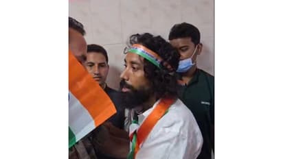 Police attempts to stop JLKM leader Devendra Nath Mahto from participating in a Tiranga Yatra at Jaipal Singh Munda Stadium, Ranchi (Photo/ANI)