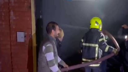 Firefighters at the scene of the polymer factory blaze in Rangreth, Budgam (Photo/ Fire and Emergency Service)