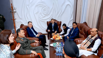 Defence Minister Rajnath Singh meets his Tajik counterpart Emomali Sobirzoda in Dushanbe (Photo/ANI)
