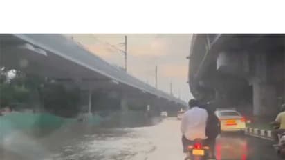 Waterlogging on the Delhi-Airport road after heavy rain lashed South Delhi earlier today. (Photo/ ANI)