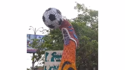 Malappuram welcomes FIFA World Cup with giant football sculpture made of plastic bottles. (Photo/ANI)