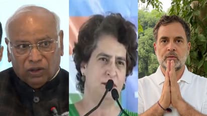 Congress leaders Mallikarjun Kharge, Rahul Gandhi and Priyanka Gandhi Vadra. (File photo/ANI)