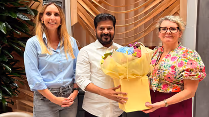Susan Finnegan and Nuala Gallagher from Liverpool City Development with Telangana CM Revanth Reddy. (Photo: Telangana PRO)