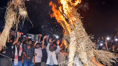 Students burn effigies during a protest against alleged irregularities in recruitment examinations (File Photo/ANI)