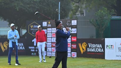 PGTI president Kapil Dev teeing off at Vishwa Samudra Open 2025 (Image: PGTI)
