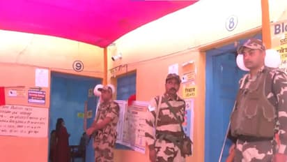 Security personnel deployed at a polling booth in Bhagalpur (Photo/ANI)