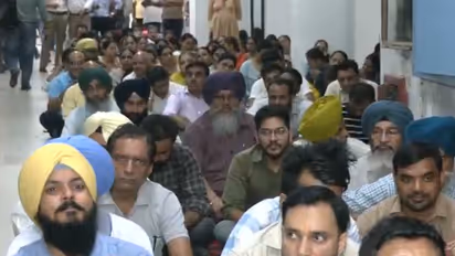 Visual from mass leave protest by Punjab Govt employees shutting Punjab State Secretariat (Photo/ANI)