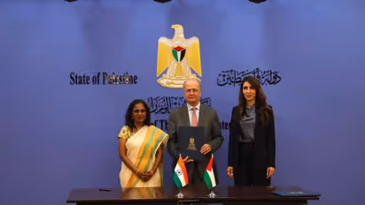 MEA Secretary (CPV & OIA) Sripriya Ranganathan with Palestinian Prime Minister Mohammad Mustafa and Labour Minister Enas Dahadha Attari (Photo/X/@SecretaryCPVOIA)