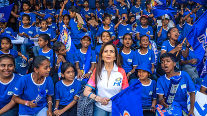 Co-owner of MI, Nita Ambani with children watching an IPL match. (Photo/ANI)