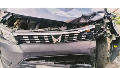 The damaged XUV involved in a fatal hit-and-run accident in Hyderabad's Hydershakote. (Photo: @NewsMeter_In/X)