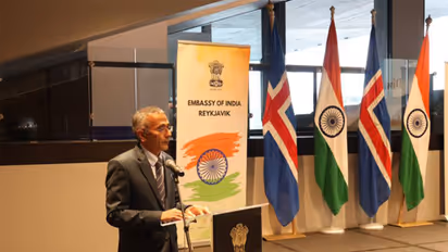 Indian Ambassador to Iceland R Ravindra addressing the Uttar Pradesh Diwas celebration at the Embassy of India in Reykjavik. (Photo: X/@indembiceland)