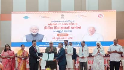 Gujarat CM Bhupendra Patel in a Corporate Social Responsibility (CSR) programme for Gandhidham Municipal Corporation in Kandla on Monday. (Photo/ANI)