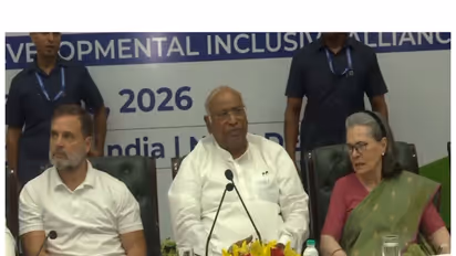 Congress president Mallikarjun Kharge with senior party leaders Sonia Gandhi and Rahul Gandhi (Photo/ANI)