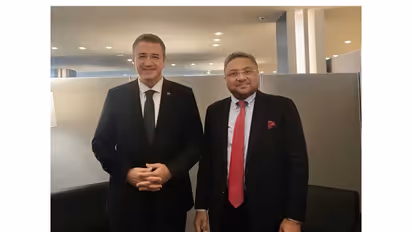 Secretary (West) in the Ministry of External Affairs (MEA), Sibi George, meets with EU Commissioner for Sustainable Transport and Tourism, Apostolos Tzitzikostas, on the sidelines of the 81st session of the United Nations General Assembly (UNGA) in New York. (Photo: X/@MEAIndia)