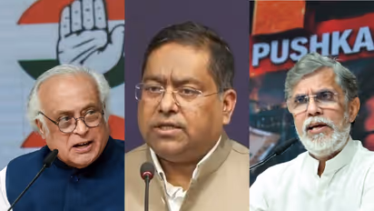 Congress leader Jairam Ramesh (on left), MEA spokesperson Randhir Jaiswal (in middle) and Congress leader Pawan Khera (on right) (Photo/ANI)