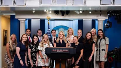 Karoline Leavitt takes the podium in the briefing room with family and colleagues ahead of her final day as White House press secretary on Friday (Photo/The White House)