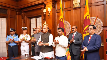 Defence Minister Rajnath Singh with Sri Lankan President Anura Kumara Dissanayake and delegates during his visit to Colombo. (Photo: X/@rajnathsingh)