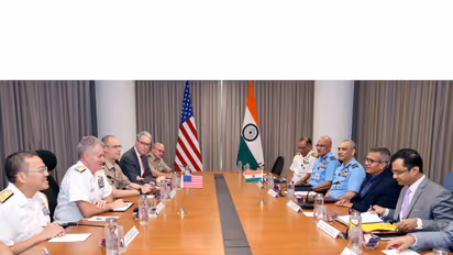 Defence Secretary Rajesh Kumar Singh and US Indo-Pacific Commander Admiral Samuel Paparo during their meeting in New Delhi. (Photo: X/@SpokespersonMoD)