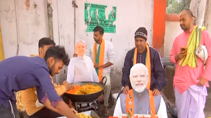 BJP workers in Patna preparing 501 kg of laddoos ahead of counting of votes on Nov 14 (Photo/ANI)