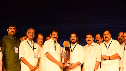 Telangana CM Revanth Reddy receives Aryadan Mohammed Award from Congress MP KC Venugopal (Photo/Telangana CMO)