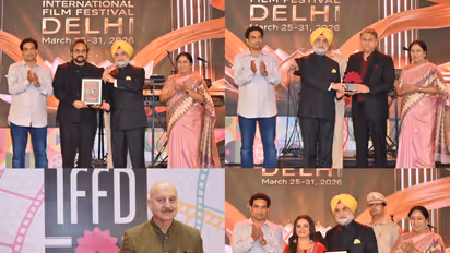 Delhi Minister Kapil Mishra, CM Rekha Gupta, Governor Taranjit Singh Sandhu presenting awards at NIght of Honour (Photo/IFFD)