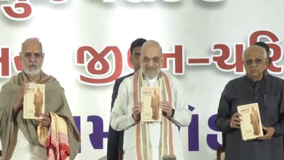 Union Home Minister Amit Shah during the launch of Anandiben Patel's book 'Chunotiya Mujhe Pasand Hai’ in Ahmedabad on Sunday. (Photo/ANI)