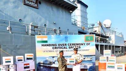 Deputy Chief of Naval Staff of Indian Navy hands over operational spares for MNDF Coast Guard Ship Huravee to Maldives CDF (Photo/X@indiannavy)