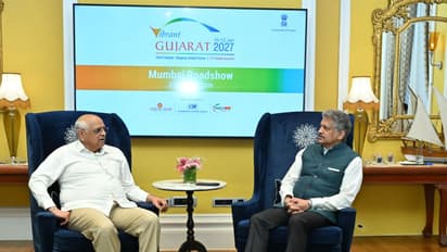 Gujarat CM Patel meets Mahindra Group Chairman Anand Mahindra in Mumbai during the roadshow (Photo/@CMOGuj)
