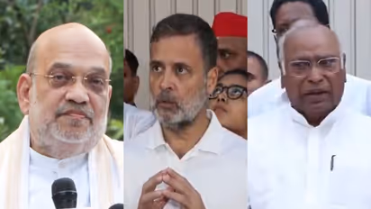 Union Home Minister Amit Shah (left) Congress leaders Rahul Gandhi (center) and Mallikarjun Kharge (right) (Photo/ANI)
